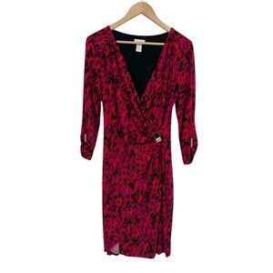 Vintage Cache Red Purple Print Faux Wrap Dress Gold Embellished Large